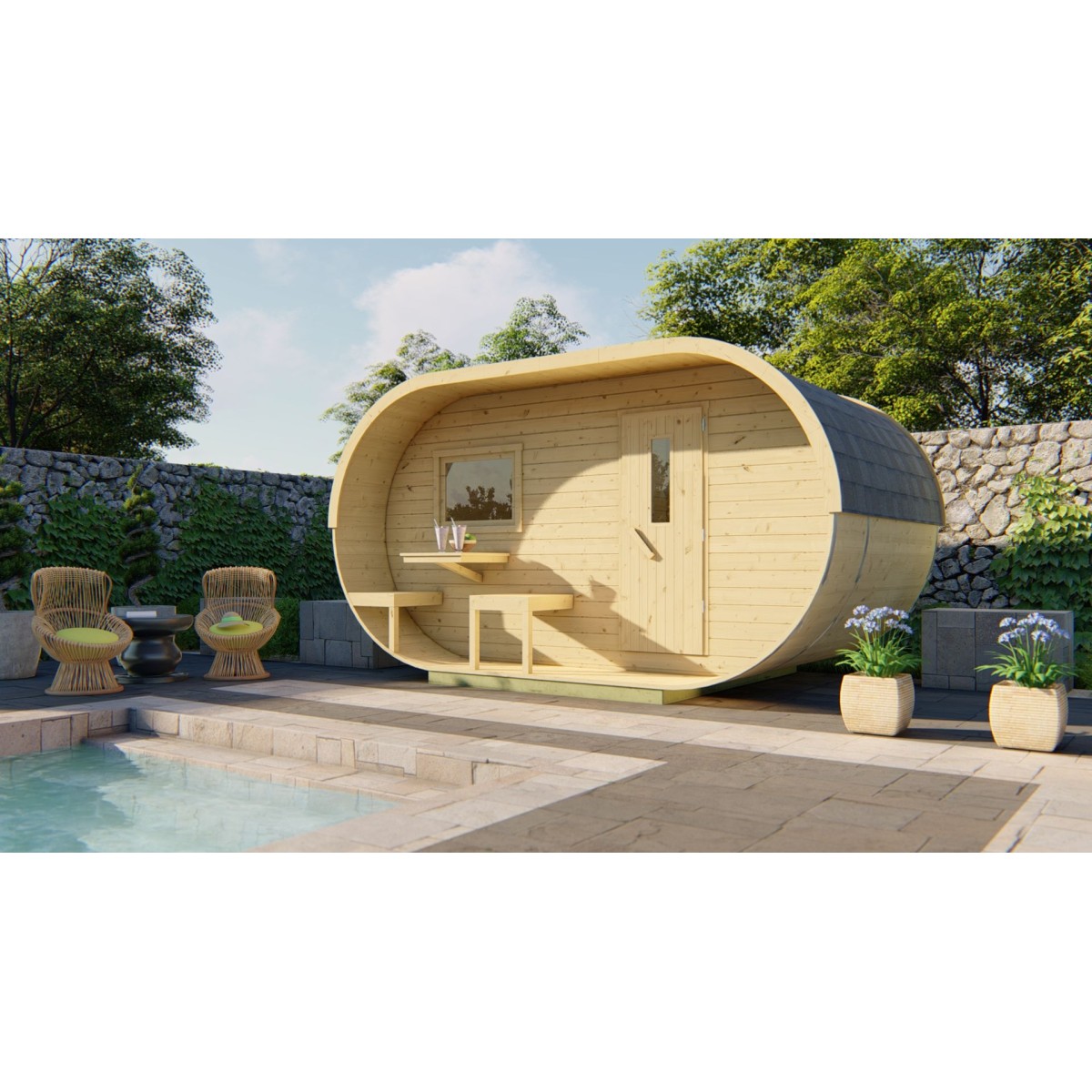 Tuindeco Sauna Oval Fichte 240 x 405 cm - Aufbau innerhalb N