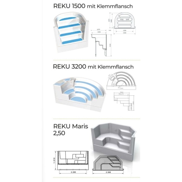 REKU Einbautreppen Pool KANTO, 1500, 3200, Maris, Ravenna