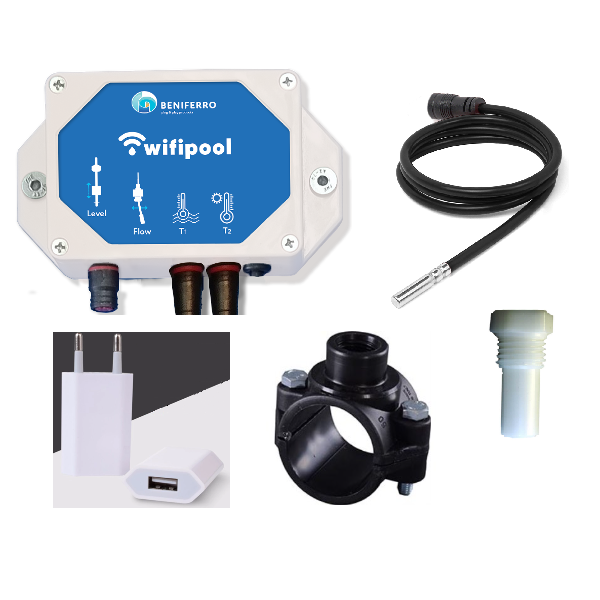 Wifipool Modul TLF inkl. Temperaturfühler + Anbohrschelle 50mm -> 1/2 Zoll + Temperaturfühlerverschraubung + USB-TransformatorStecker 1 Anschluss