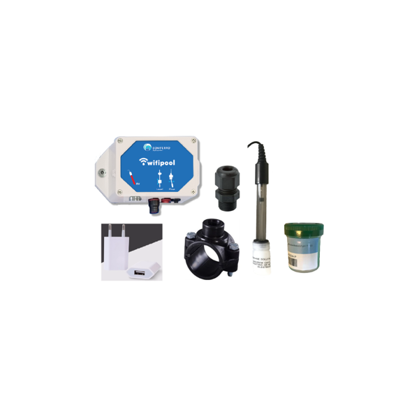 Wifipool Modul  pH inkl. goldene Sonde + Anbohrschelle 50mm -> 1/2 Zoll + Sondenverschraubung + calibrationsflussigkeit USB-Transformatorstecker 1 Anschluss