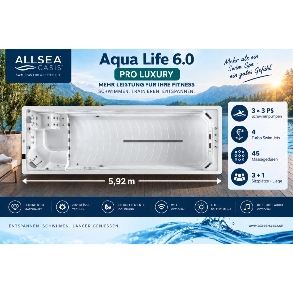 Allsea OASIS Aqua Life 6.0 Pro Luxury –  5,92 * 2,35 m Swim Spa mit 3 × 3 PS