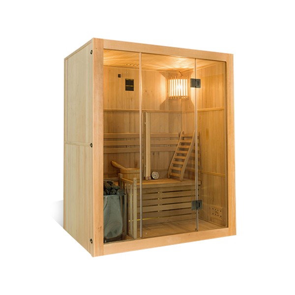 SENSE 3-Sitzer traditionelle finnische Sauna FRANCE SAUNA mit Zubehörpaket und Glasfront